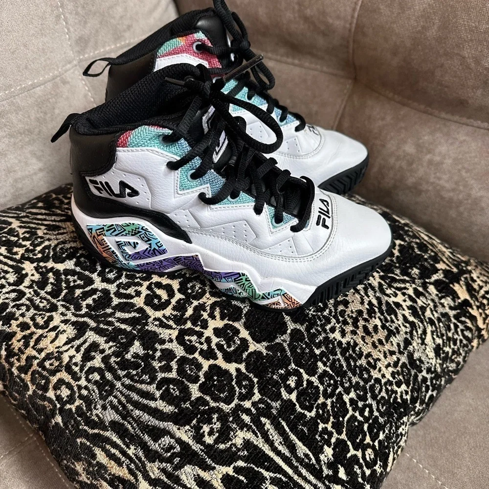 Fila White and Black High-Top Sneakers with Multicolor Accents